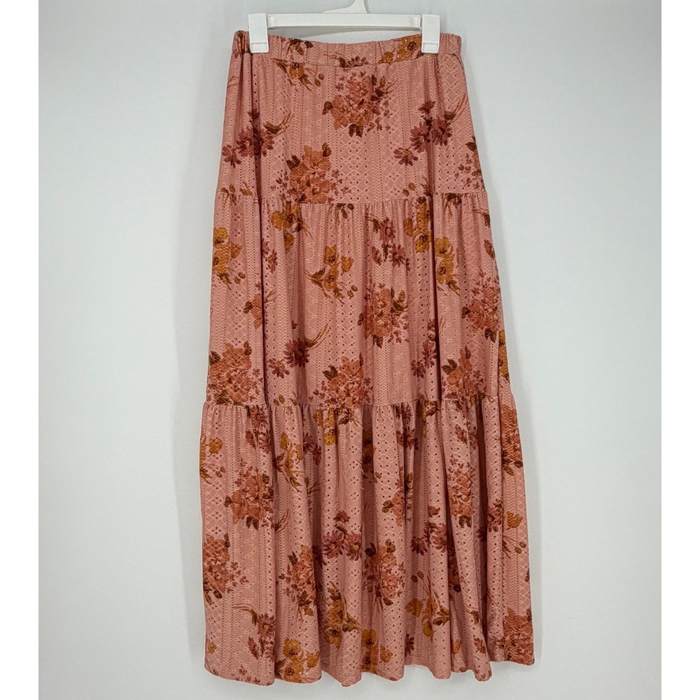 LuLaRoe Maxi Skirt Women Small Pink Floral Tiered Eyelet Boho Cottagecore Modest
